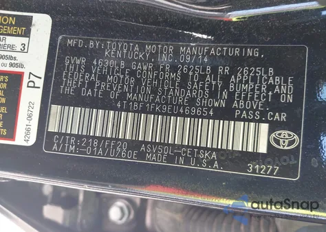 2014 Toyota Camry Se из США, поврежденный, VIN 4T1BF1FK9EU469654